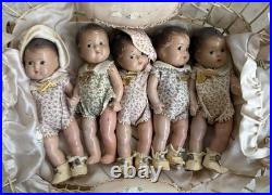 1930's Madame Alexander Dionne Quintuplet Composition Set 7.5 Tagged And Book