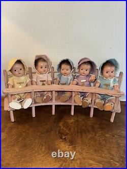 1930s Madame Alexander Dionne Quintuplet Composition Set 7.5 With High Chair