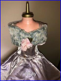 1950s Madame Alexander Cissy Silk Taffeta Evening Gown with fur Stole and flower