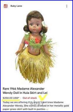 1960s ALEXANDER-KIN WENDY HIGH COLOR AMERICANA HAWAIIAN BK STRUNG DOLL BOX TAG