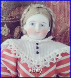 8 Antique Solid Dome Bisque Head Doll #5 Dressed In Mme. Alex. Red Striped19