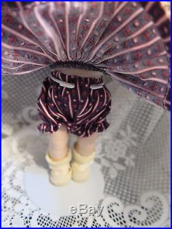 Alexander-kins 1953 purple stripe romper and jumper with lace bonnet