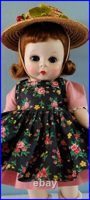 Early Madame Alexander-kins Strung Doll Heavier Body 1953 Black Floral Pinafore