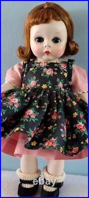 Early Madame Alexander-kins Strung Doll Heavier Body 1953 Black Floral Pinafore