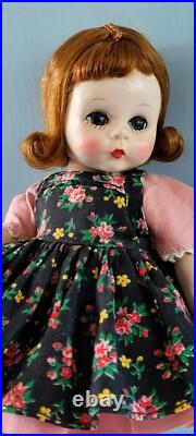 Early Madame Alexander-kins Strung Doll Heavier Body 1953 Black Floral Pinafore