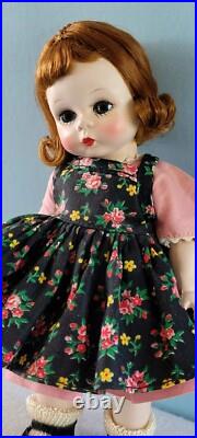 Early Madame Alexander-kins Strung Doll Heavier Body 1953 Black Floral Pinafore