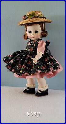 Early Madame Alexander-kins Strung Doll Heavier Body 1953 Black Floral Pinafore
