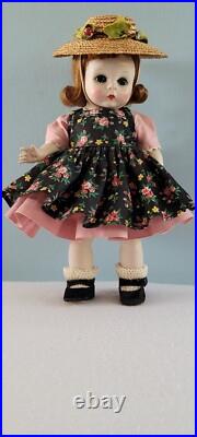 Early Madame Alexander-kins Strung Doll Heavier Body 1953 Black Floral Pinafore