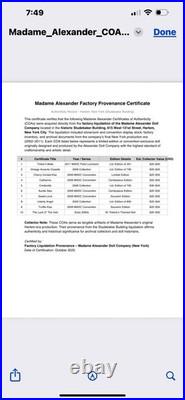 Lot of 10 Madame Alexander COAs Factory Sale Harlem NY Provenance EX CONDITION