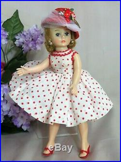 VINTAGE 1950s MADAME ALEXANDER CISSETTE DOLL tagged RED polka dot DRESS hat