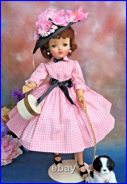VINTAGE 1957 Madame Alexander CISSY DOLL redhead TAGGED minty pink DRESS Hat DOG