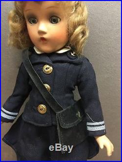 VINTAGE Madame Alexander Composition Wave Doll NAVY Military Antique 15 Satchel