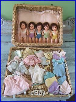 Vintage 1935 Alexander Dionne Quints Quintuples Toddlers 8 Doll Set in Basket